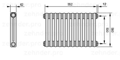 Схема (чертеж) Радиатор Zehnder Charleston 2056/12 №7610 Белый глянцевый RAL 9016